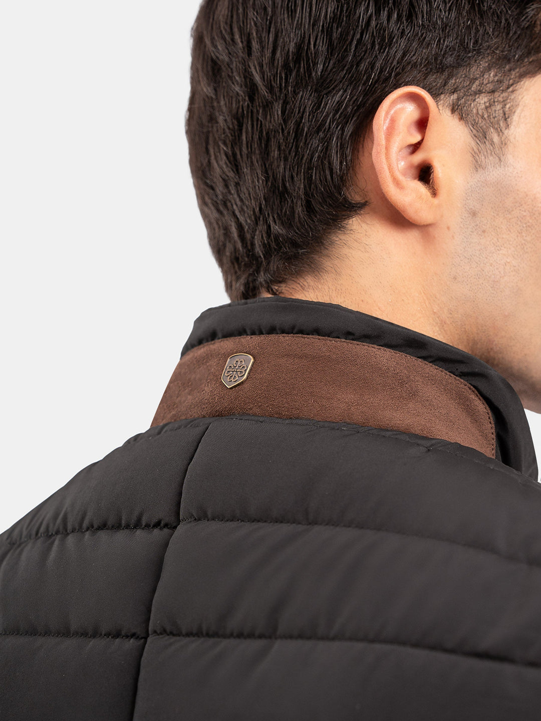 Brumano Mens RTW Solids Poly Jacket Suit Black Puffer With Leather Detailing Winter Collection