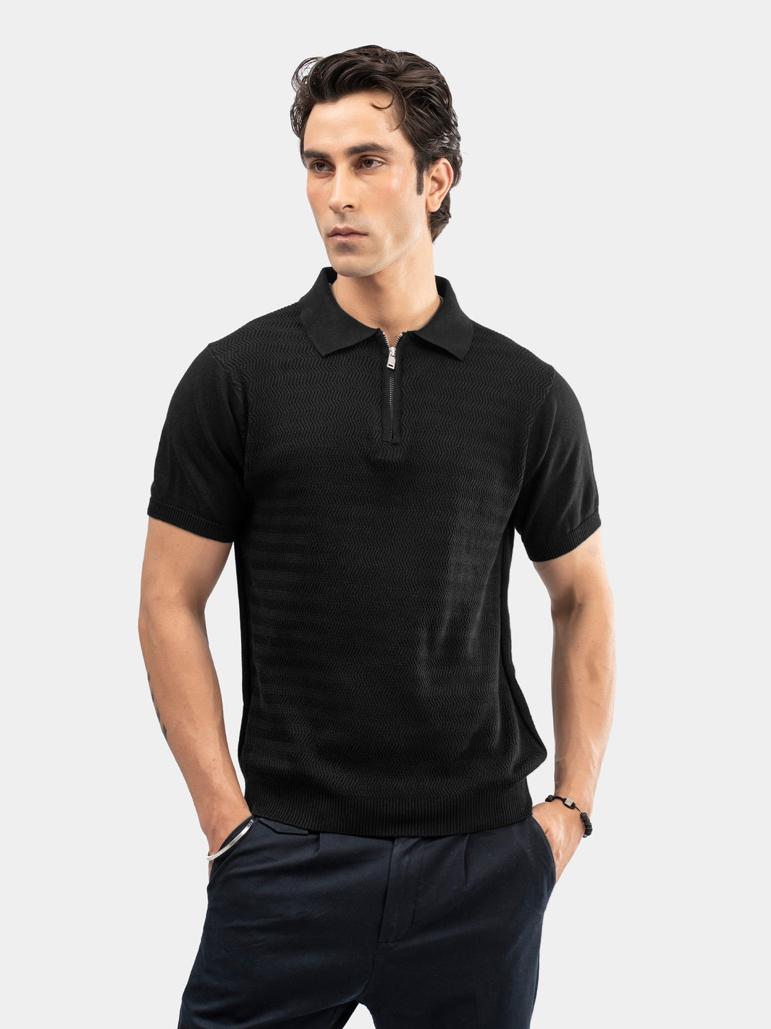 Brumano Mens RTW Solids Cotton Polo T-Shirt Black Textured Zipper Casual Collection