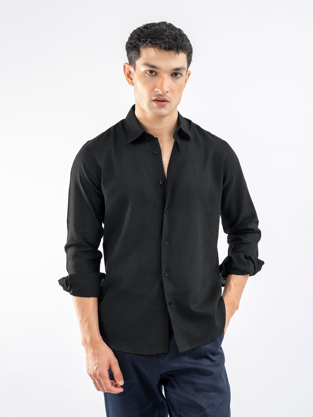 Brumano Mens RTW Solids Cotton Shirt Black Airy Casual Collection