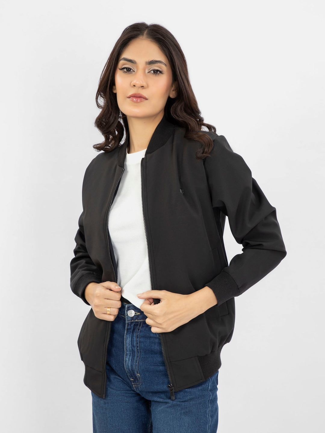 Brumano Pret Solids Polyester 1 Piece Black Bomber Jacket - Women