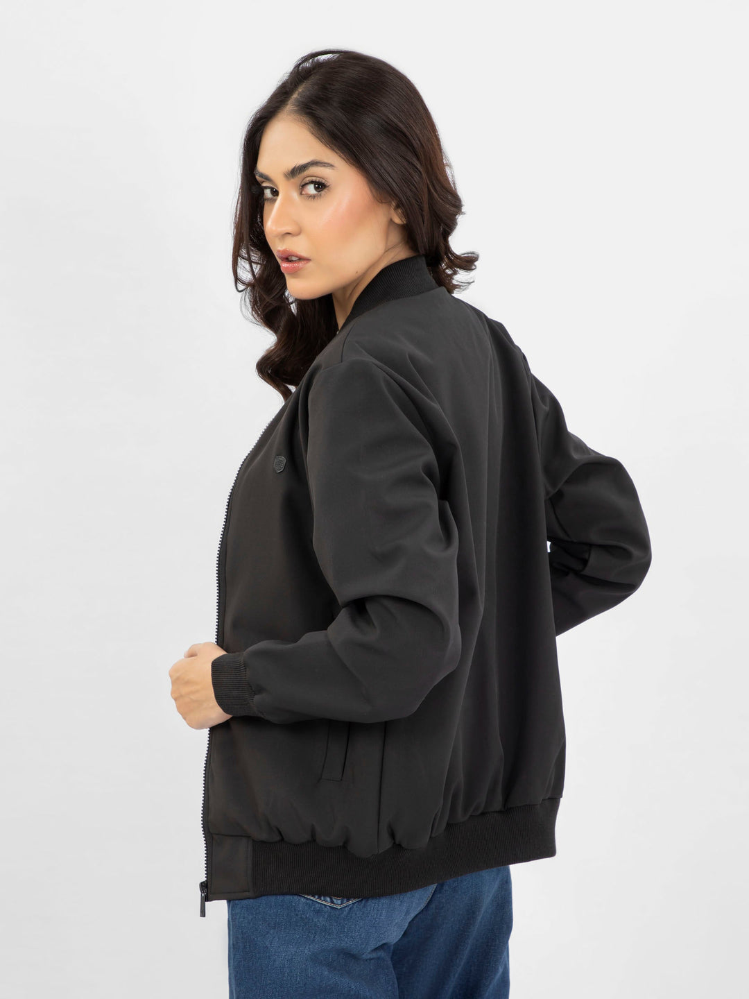 Brumano Pret Solids Polyester 1 Piece Black Bomber Jacket - Women