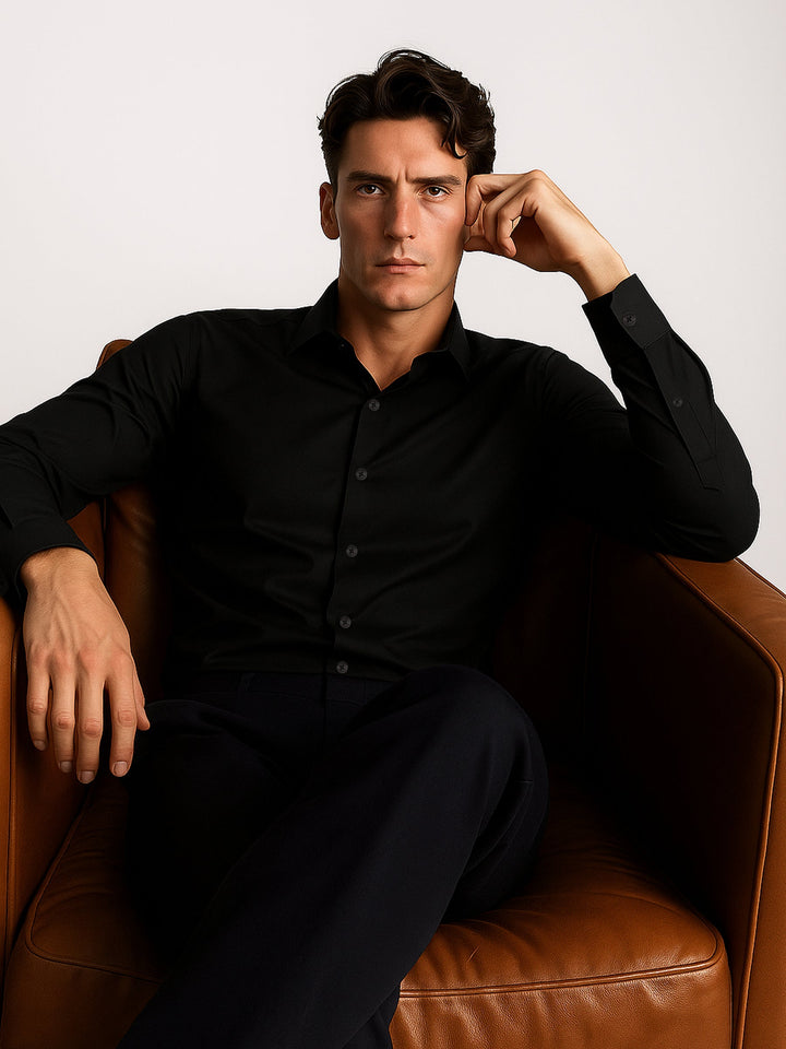 Brumano Ready To Wear Shirts Men 1 Piece Cotton Black Classic Satin Formal Shirt 0-31-025-4035 - Summer Collection