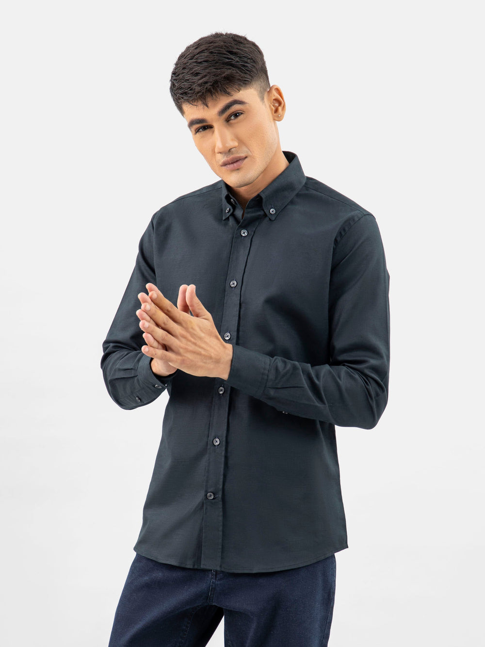 Brumano Ready To Wear Shirts Men 1 Piece Cotton Black Cotton/Linen Button Down Shirt 0-31-024-3370 - Summer Collection