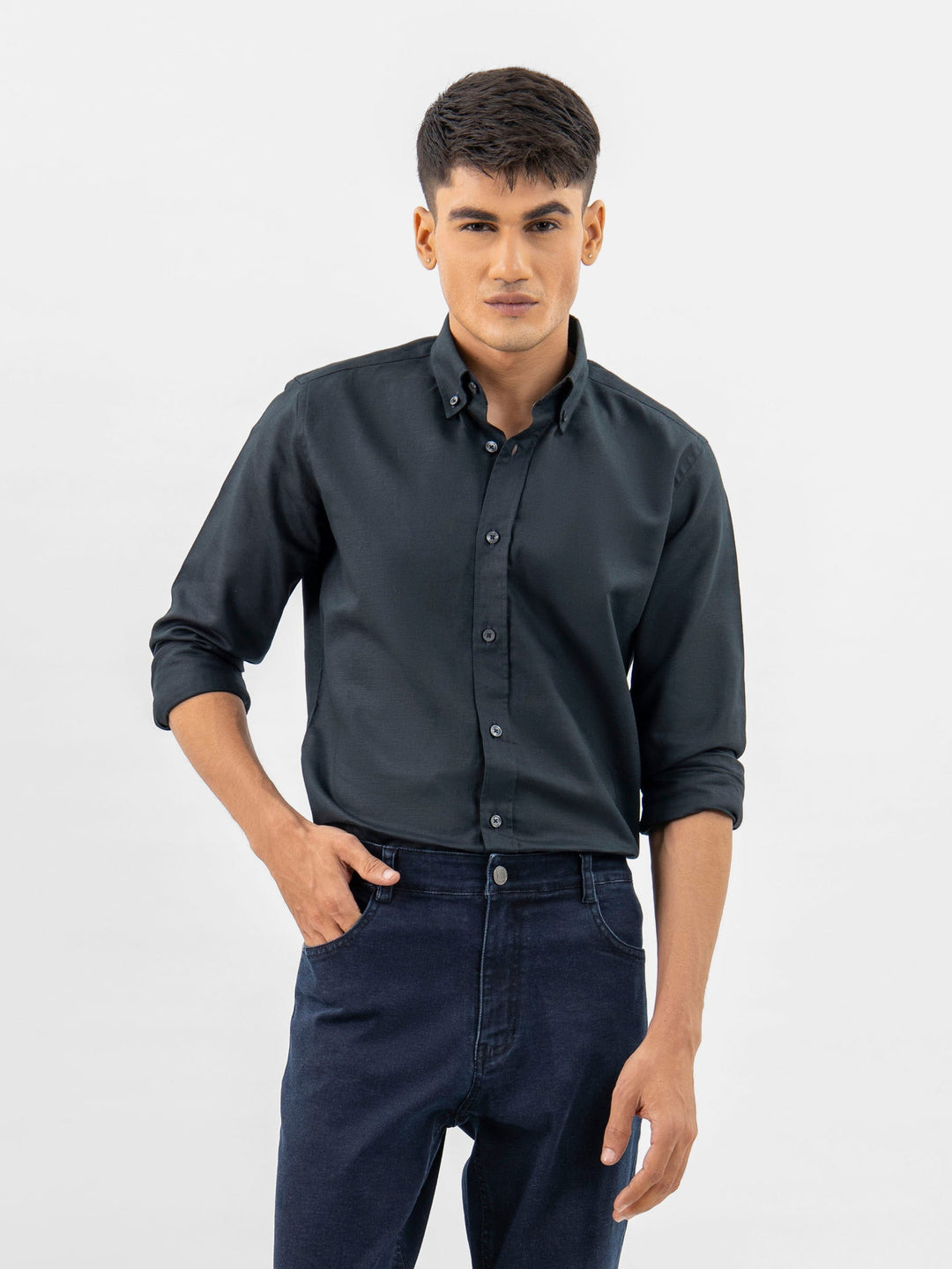 Brumano Mens RTW Solids Cotton Shirt Black Down Button Casual Collection