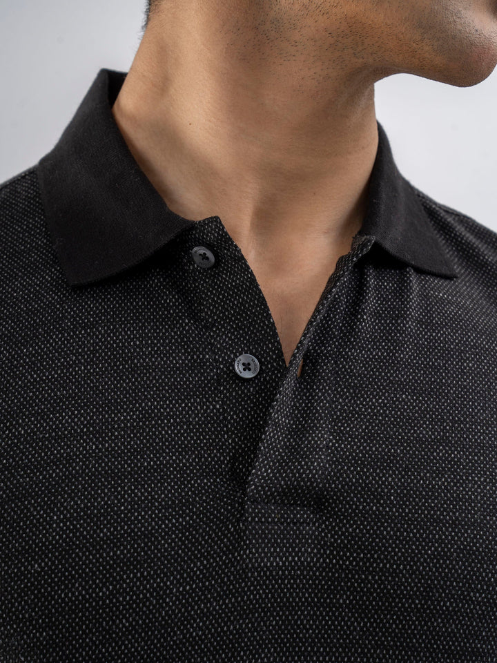 Brumano  Solids Cotton Polo Black Dobby Structured Slimfit Polo