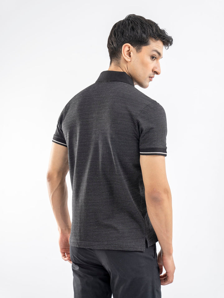 Brumano  Solids Cotton Polo Black Dobby Structured Slimfit Polo
