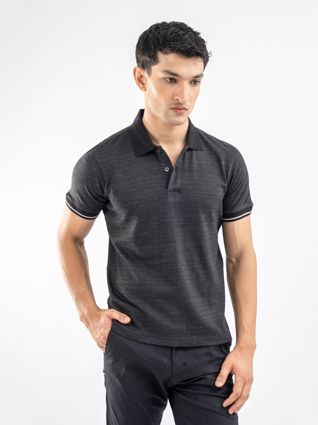 Brumano  Solids Cotton Polo Black Dobby Structured Slimfit Polo