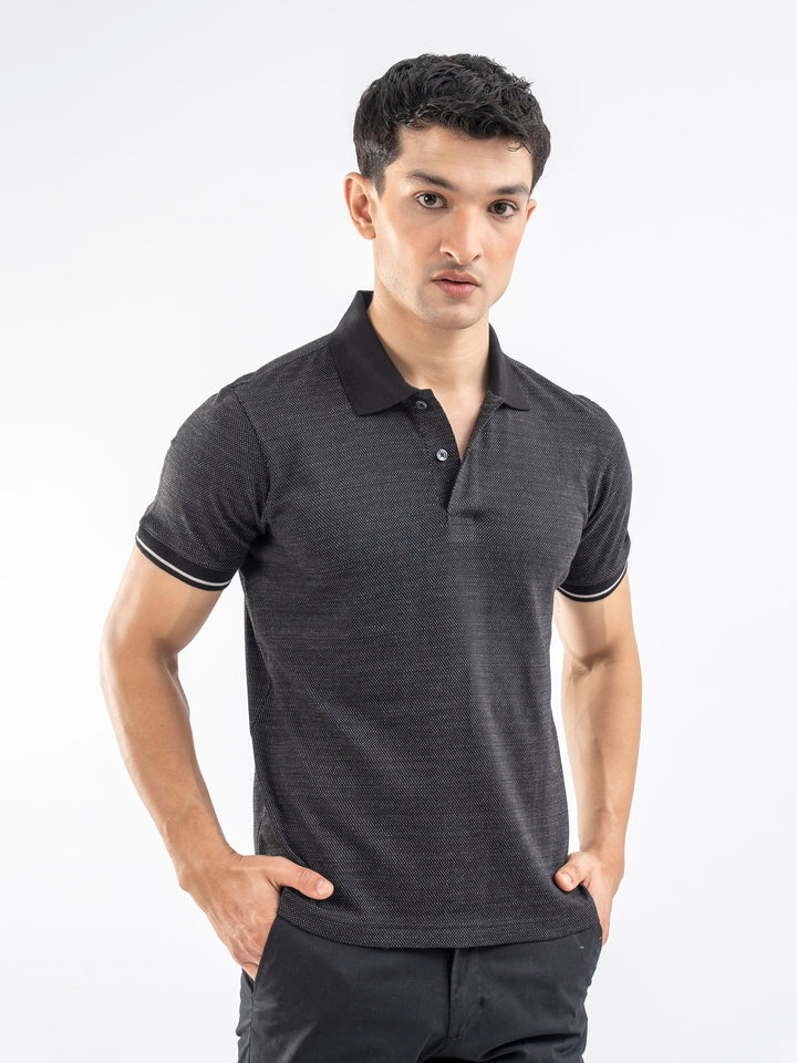 Brumano  Solids Cotton Polo Black Dobby Structured Slimfit Polo