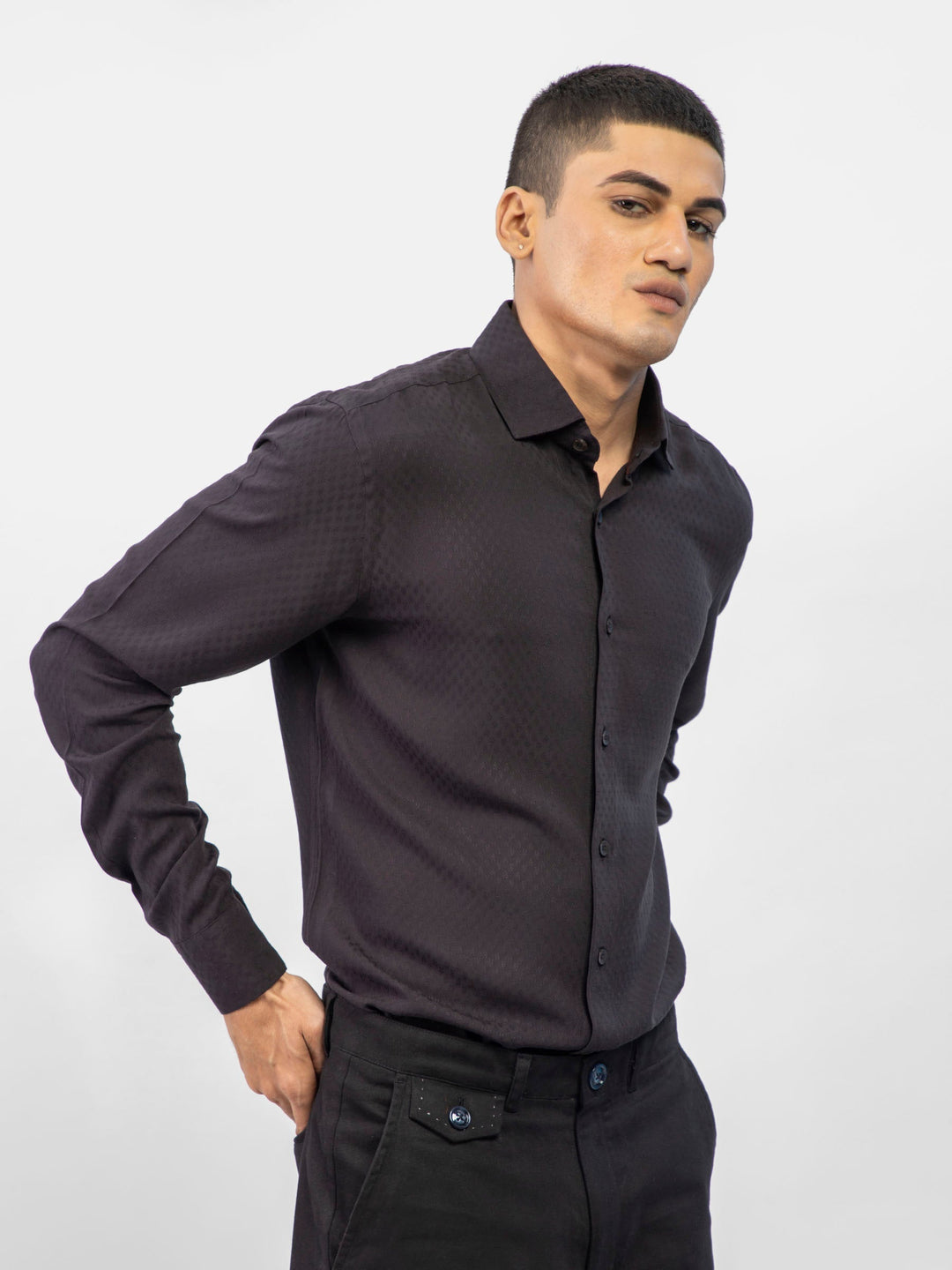 Brumano Ready To Wear Shirts Men 1 Piece Cotton Black Dobby Structured Shirt 0-31-024-4067 - Summer Collection