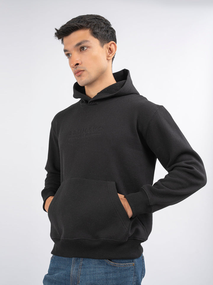 Brumano Embroidered Fleece Black Embroidered Relaxed Fit Hoodie - Winter Collection