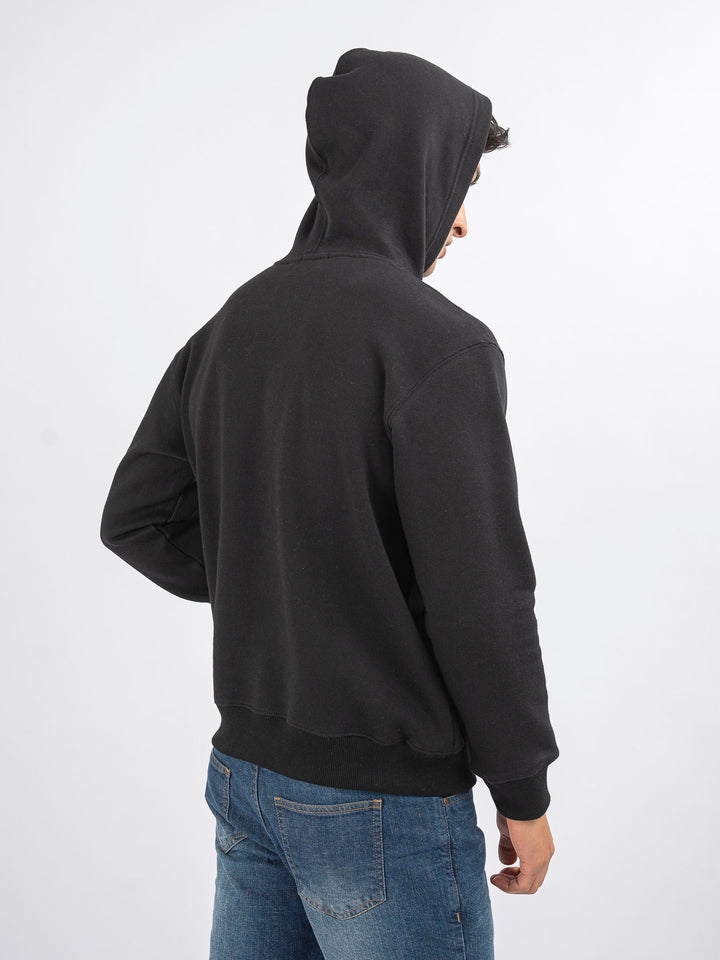 Brumano Embroidered Fleece Black Embroidered Relaxed Fit Hoodie - Winter Collection