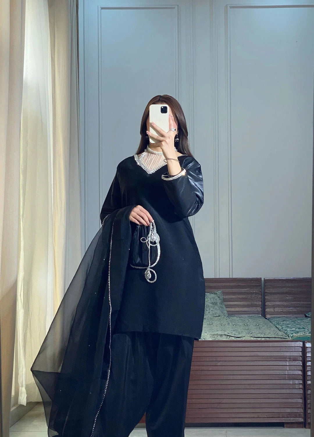 Mataish Women RTW Embroidered Raw Silk 3 Piece Suit Black Farshi Shalwar - Festive Collection