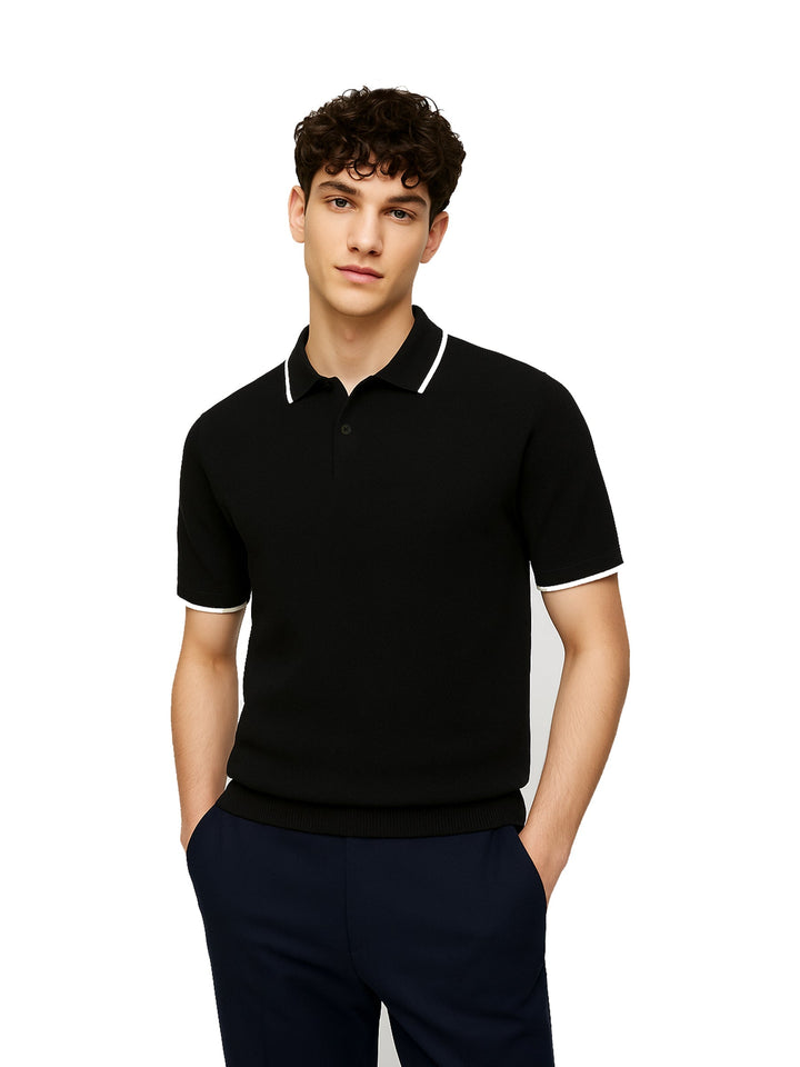 Brumano  Solids Cotton Polo Black Flat Knit Polo With Tipped Collar