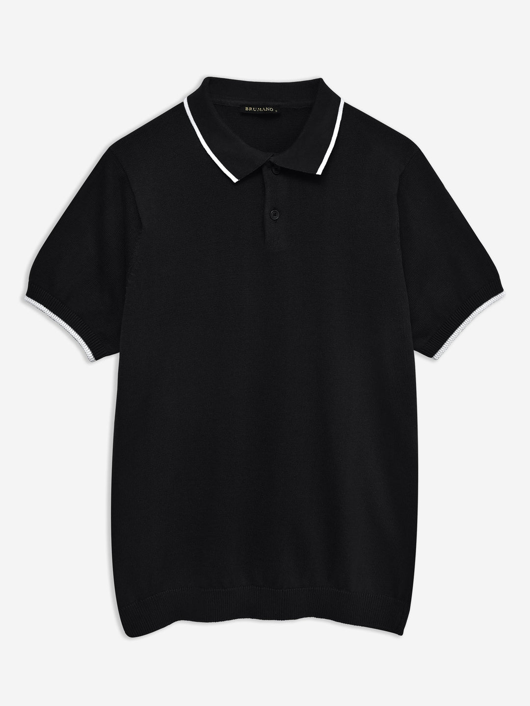 Brumano  Solids Cotton Polo Black Flat Knit Polo With Tipped Collar