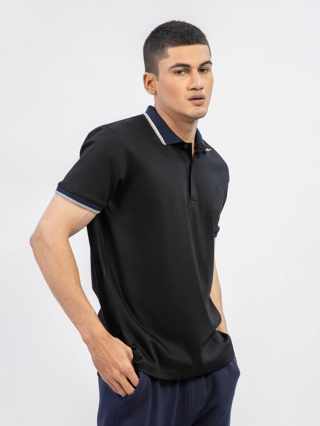 Brumano  Solids Cotton Polo Black Interlock Polo With Contrasting Navy Collar