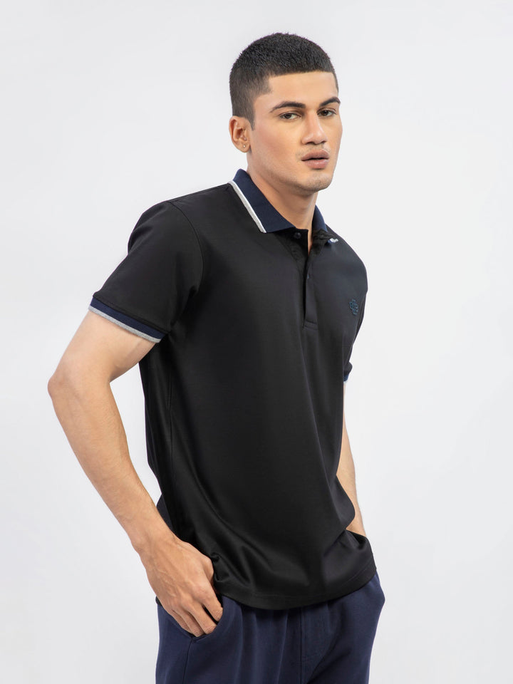 Brumano  Solids Cotton Polo Black Interlock Polo With Contrasting Navy Collar