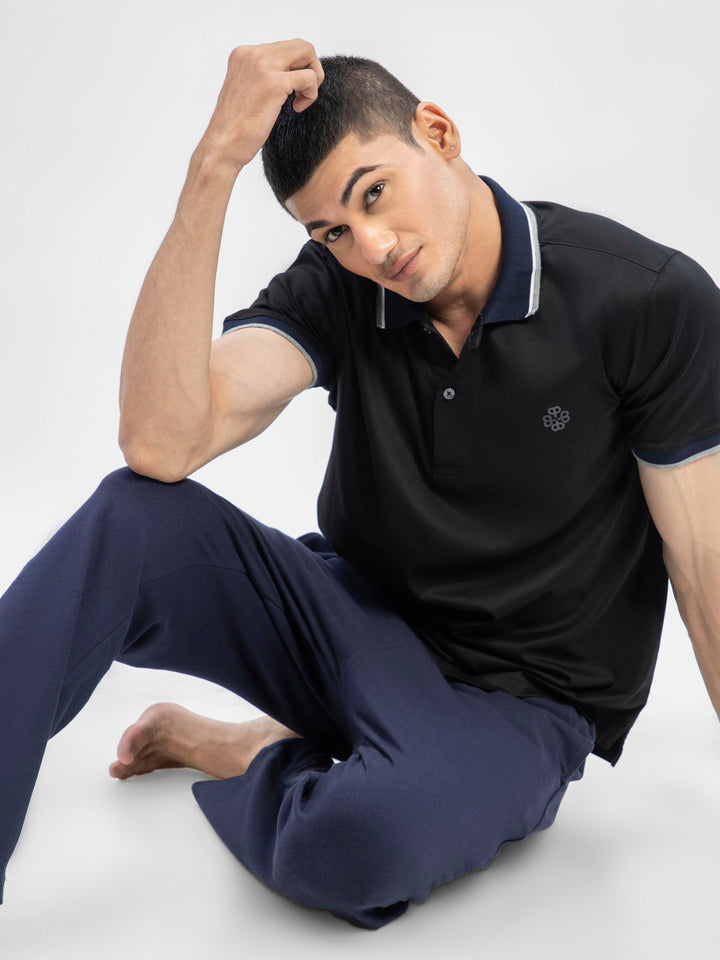 Brumano  Solids Cotton Polo Black Interlock Polo With Contrasting Navy Collar
