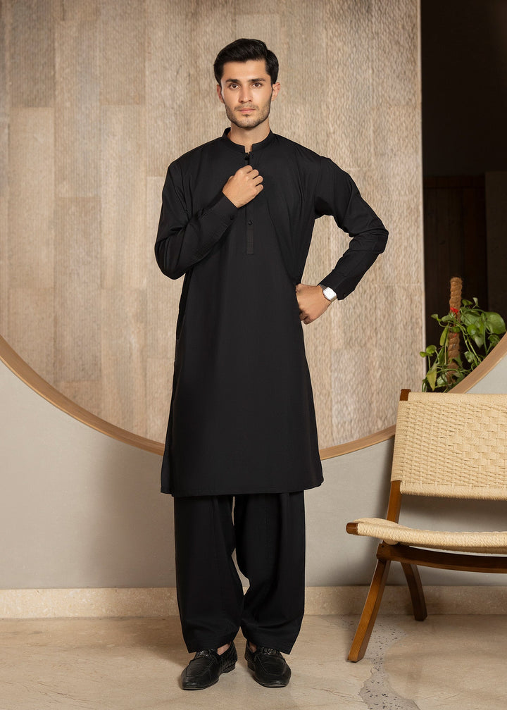 Buraq Men RTW Solids Wash N Wear Kurta Shalwar Suit Black Casual Collection