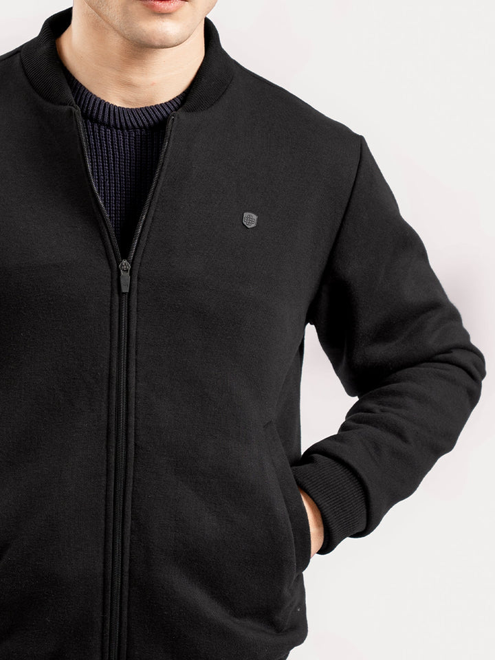 Brumano Mens RTW Solids Cotton 1 Piece Black Knitted Bomber Jacket Winter Collection