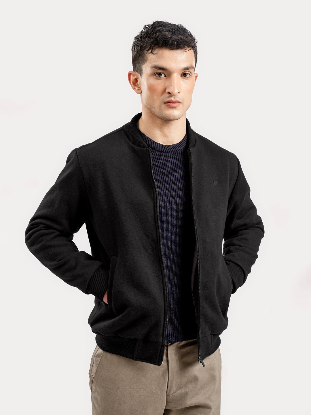 Brumano Pret Solids Polyester 1 Piece Black Knitted Bomber Jacket