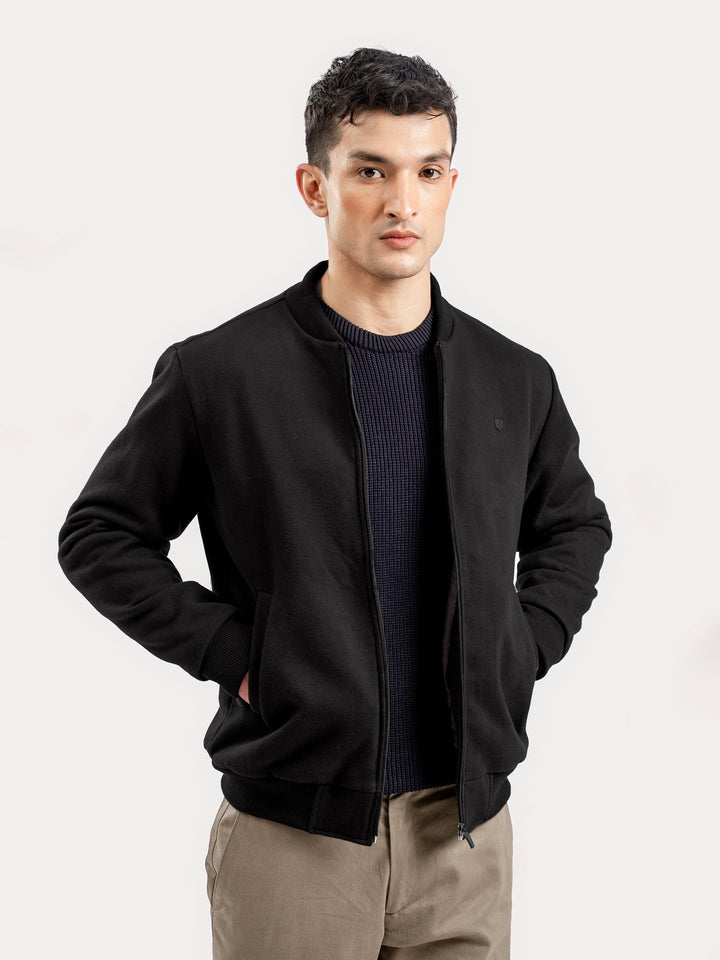 Brumano Mens RTW Solids Cotton 1 Piece Black Knitted Bomber Jacket Winter Collection