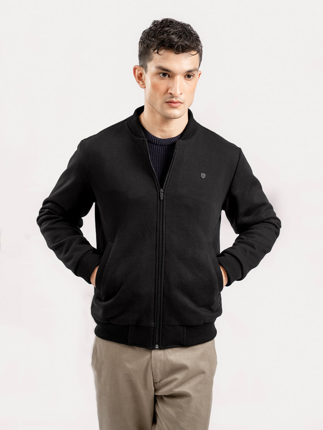 Brumano Mens RTW Solids Cotton 1 Piece Black Knitted Bomber Jacket Winter Collection