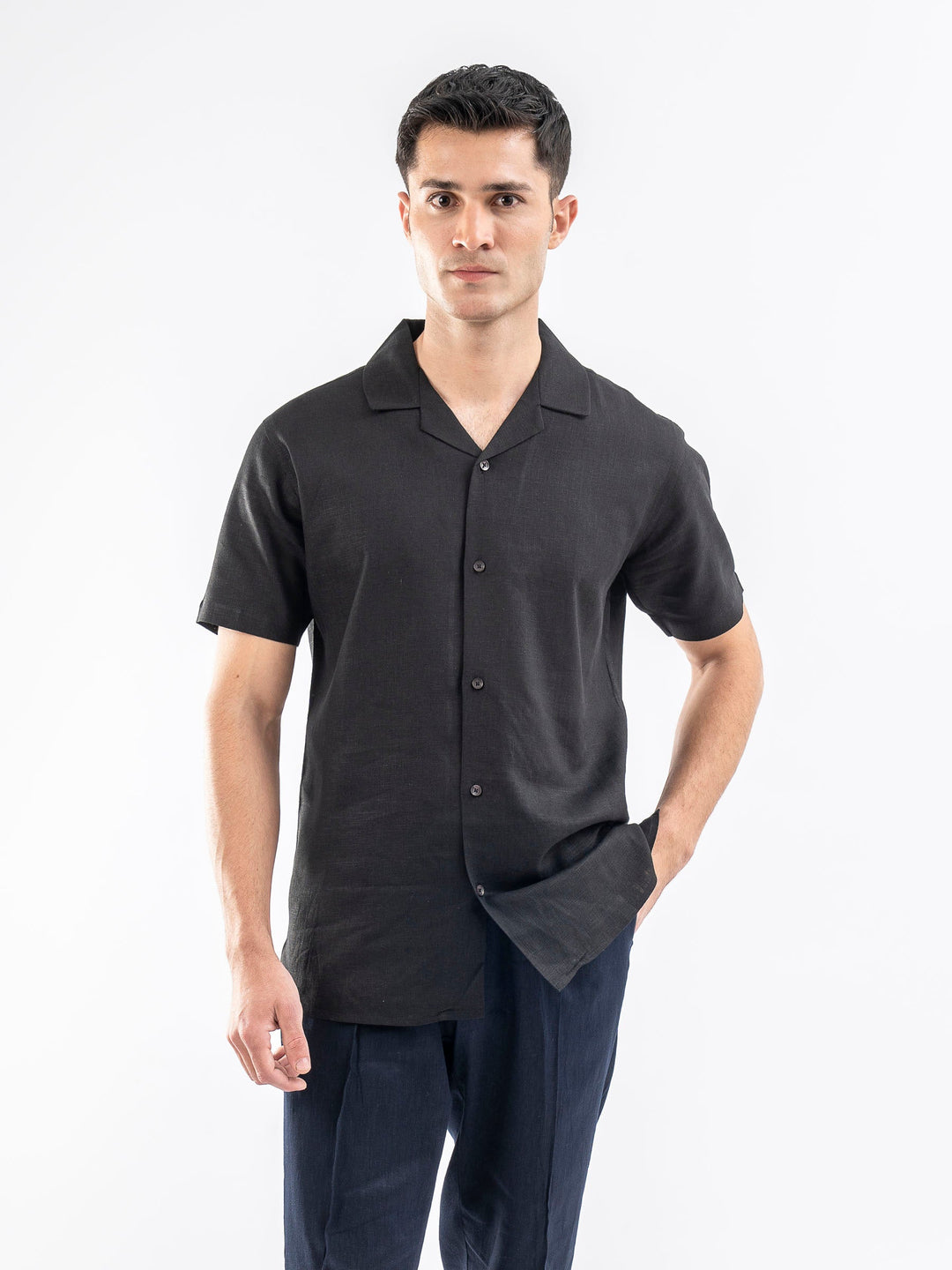Brumano Ready To Wear Shirts Men 1 Piece Cotton Black Linen Blended Half Sleeve Cuban Collar Shirt 0-33-025-4229 - Summer Collection