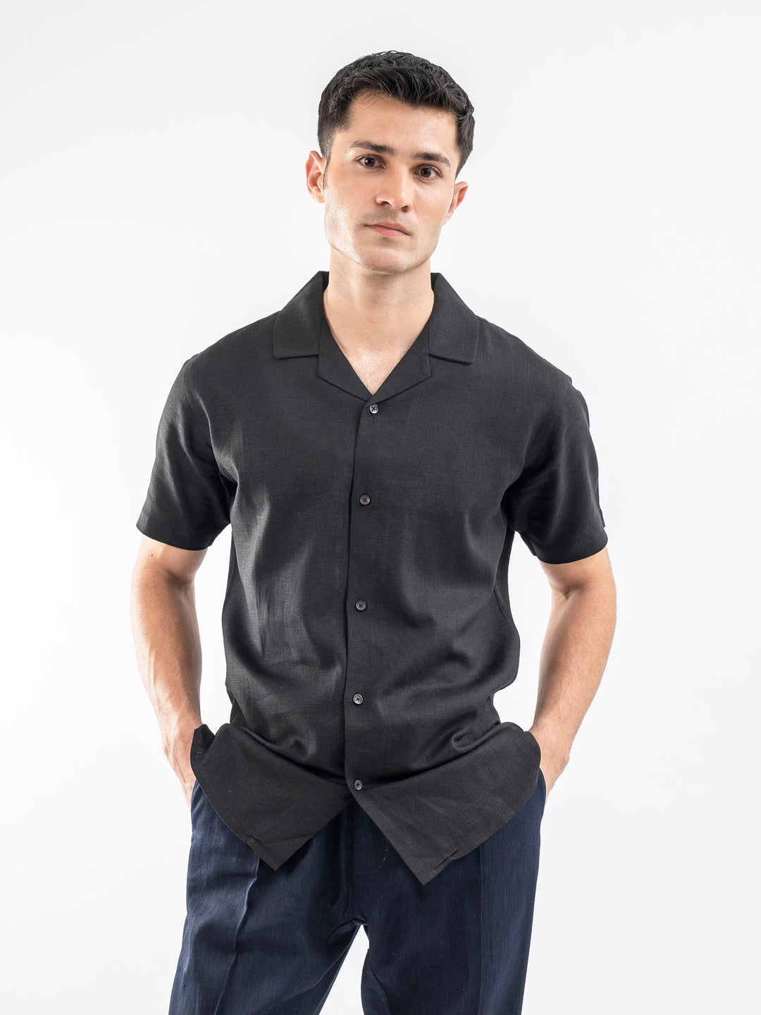Brumano Mens RTW Solids Cotton Shirt Black Half Sleeve Cuban Collar Casual Collection