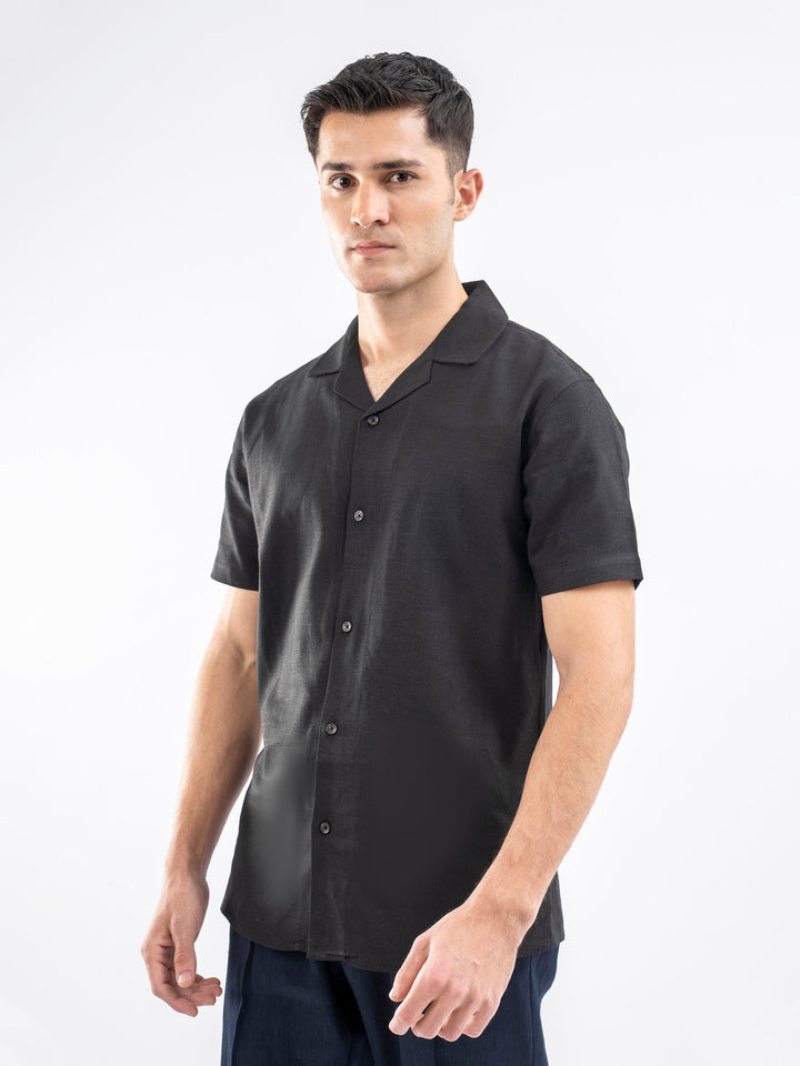 Brumano Ready To Wear Shirts Men 1 Piece Cotton Black Linen Blended Half Sleeve Cuban Collar Shirt 0-33-025-4229 - Summer Collection