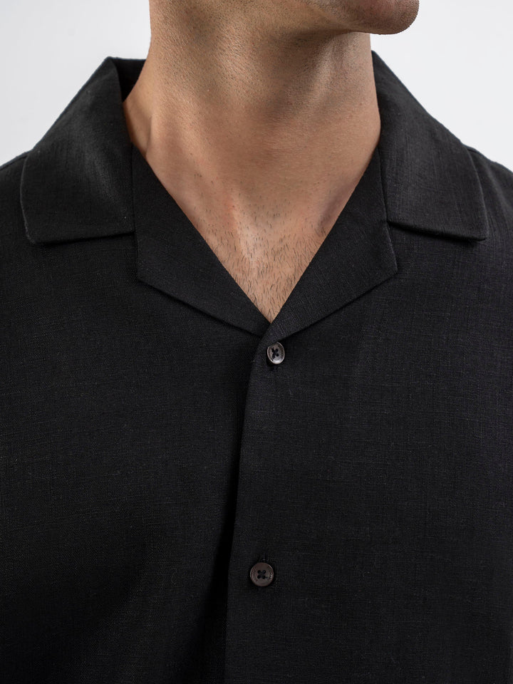Brumano Ready To Wear Shirts Men 1 Piece Cotton Black Linen Blended Half Sleeve Cuban Collar Shirt 0-33-025-4229 - Summer Collection