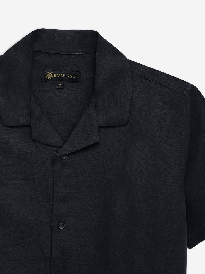 Brumano Ready To Wear Shirts Men 1 Piece Cotton Black Linen & Viscose Blended Cuban Collar Shirt 0-33-025-4708 - Summer Collection