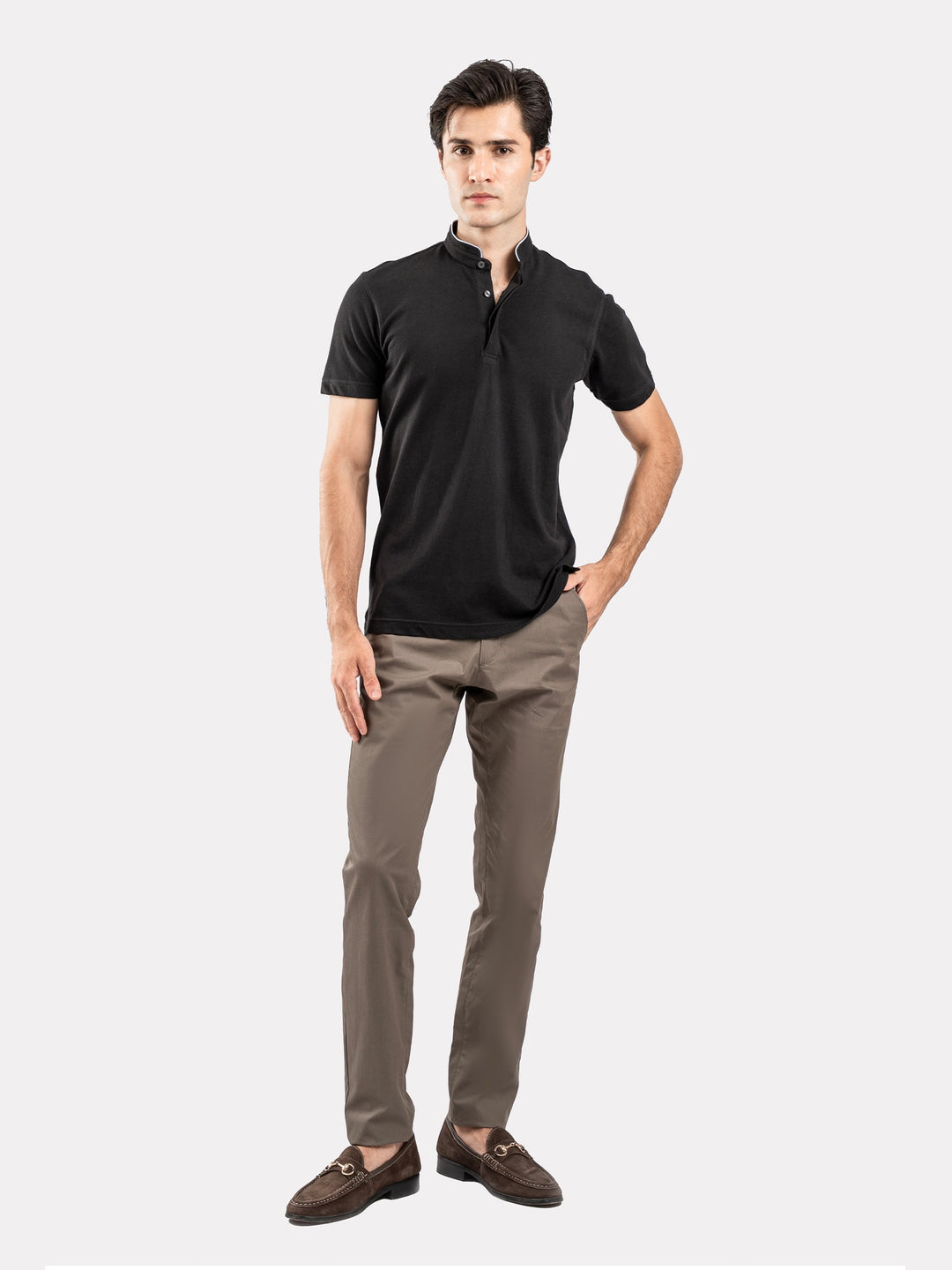 Brumano  Solids Cotton Polo Black Mao Collar Pique Polo