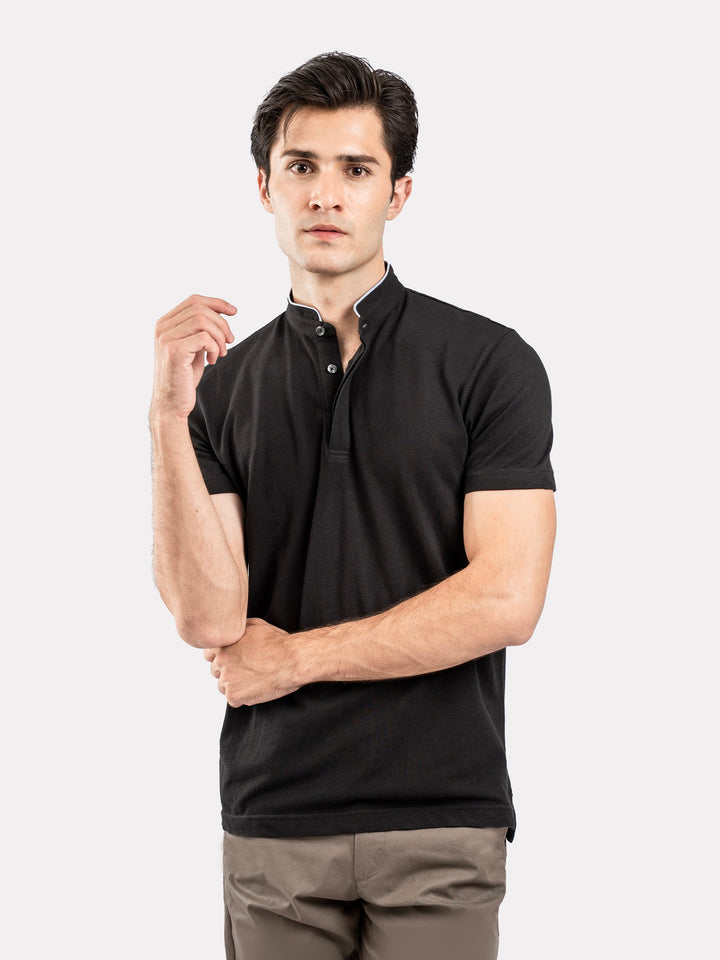 Brumano  Solids Cotton Polo Black Mao Collar Pique Polo