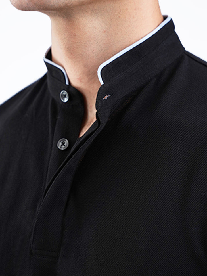 Brumano  Solids Cotton Polo Black Mao Collar Pique Polo