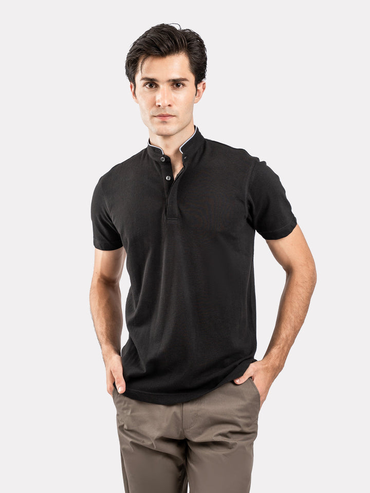 Brumano  Solids Cotton Polo Black Mao Collar Pique Polo