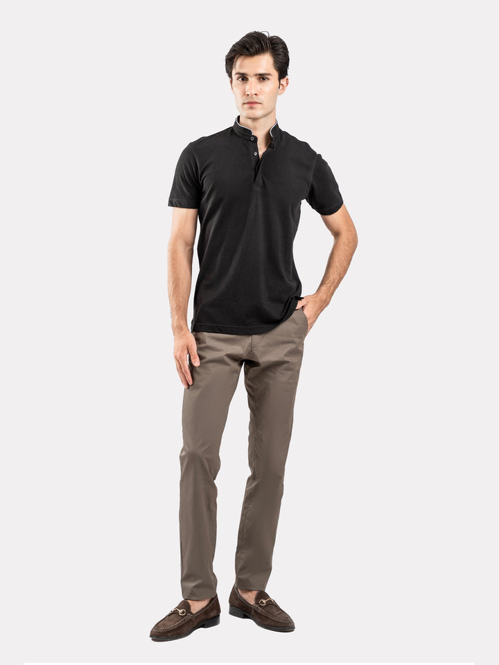 Brumano  Solids Cotton Polo Black Mao Collar Pique Polo