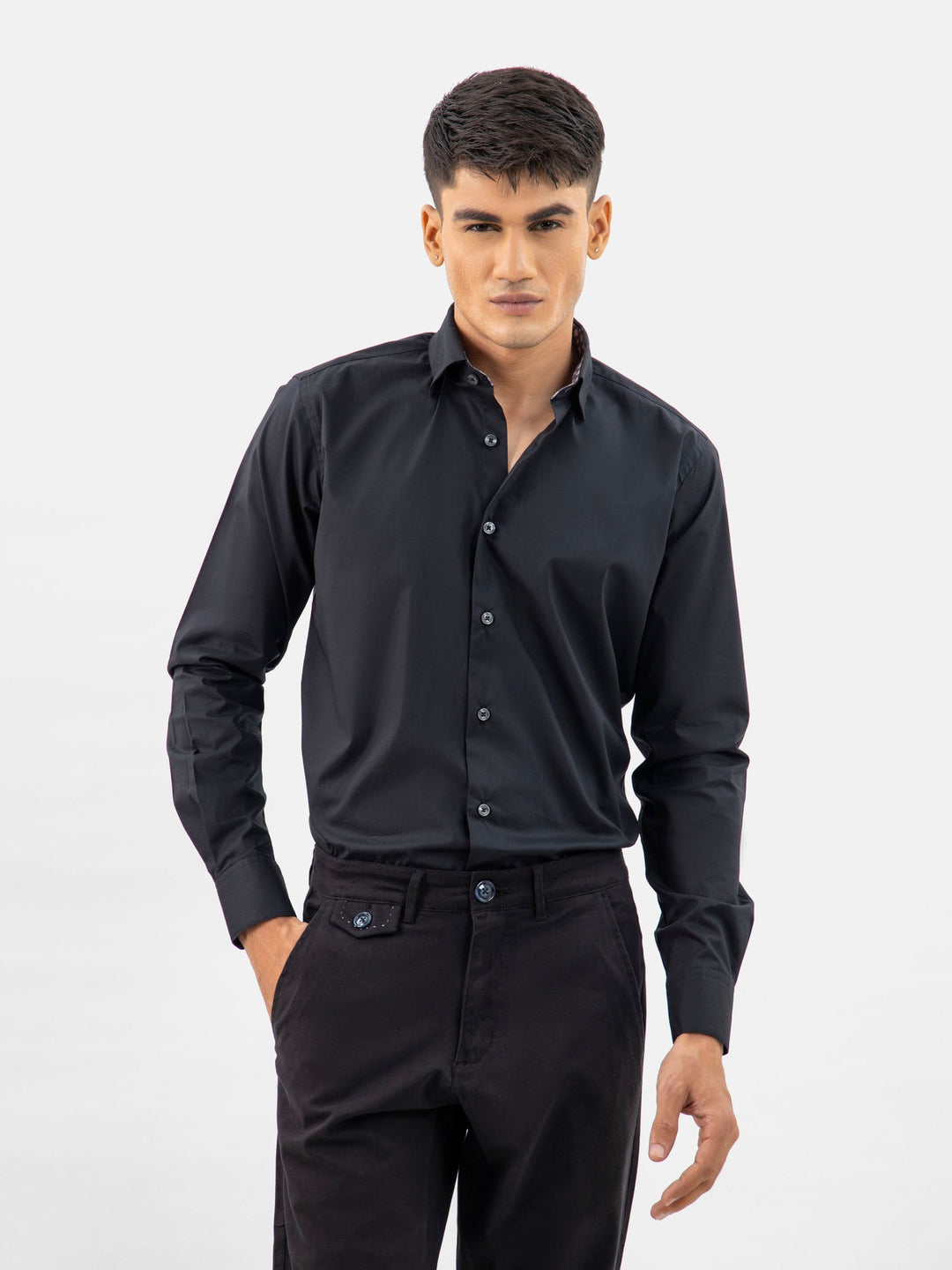 Brumano Ready To Wear Shirts Men 1 Piece Cotton Black Satin Shirt With Inner Collar Detailing 0-31-024-3334 - Summer Collection