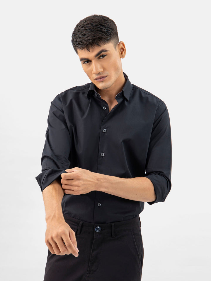 Brumano Ready To Wear Shirts Men 1 Piece Cotton Black Satin Shirt With Inner Collar Detailing 0-31-024-3334 - Summer Collection