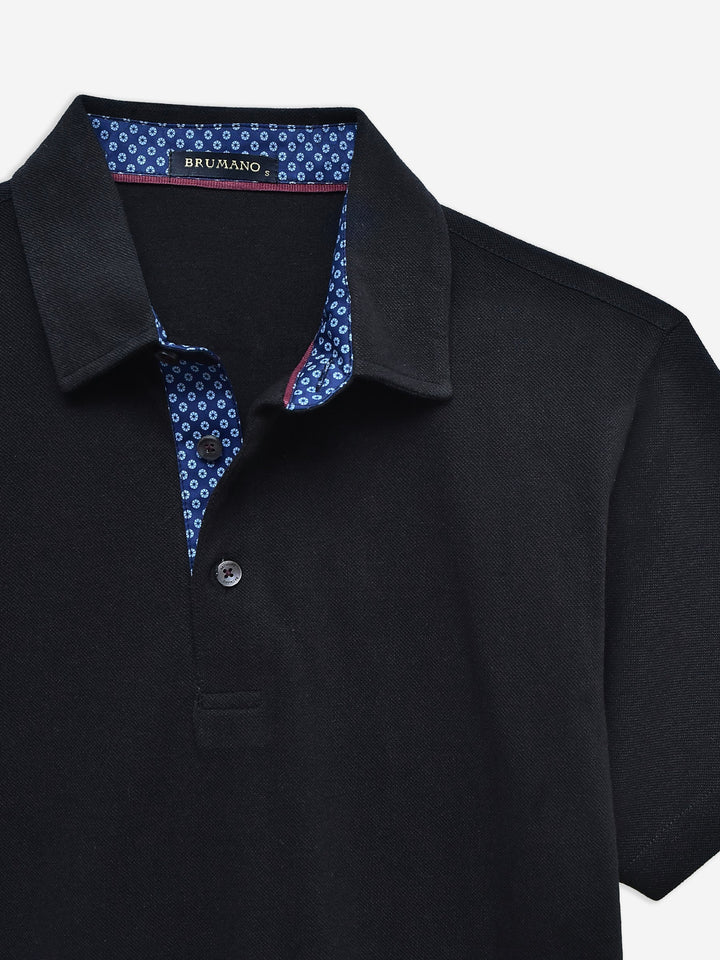 Brumano  Solids Cotton Polo Black Self Collar Polo With Contrasting Detailing