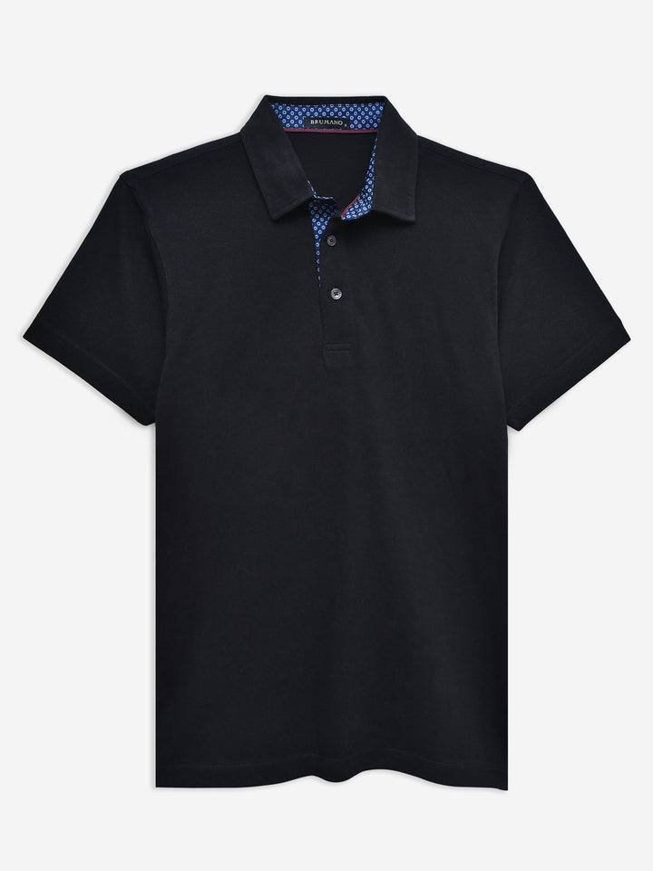 Brumano  Solids Cotton Polo Black Self Collar Polo With Contrasting Detailing