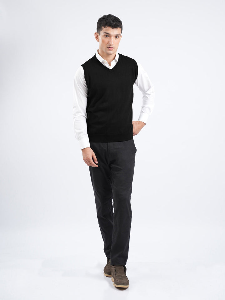 Brumano Mens RTW Solids Cotton 1 Piece Black Sleeveless V-Neck Sweater Winter Collection