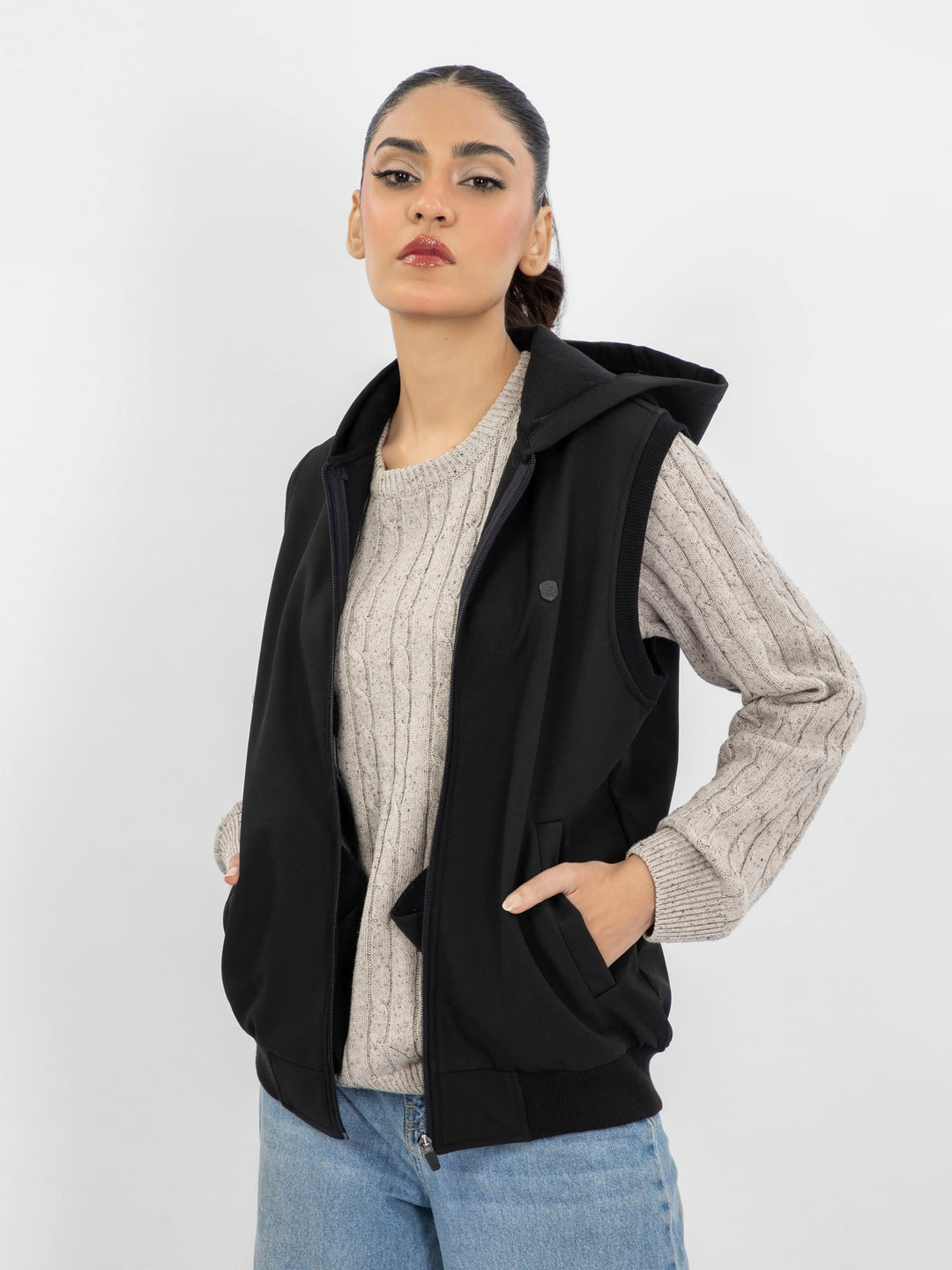 Brumano Women RTW Solids Poly 1 Piece Black Jacket Hoodie Western Collection