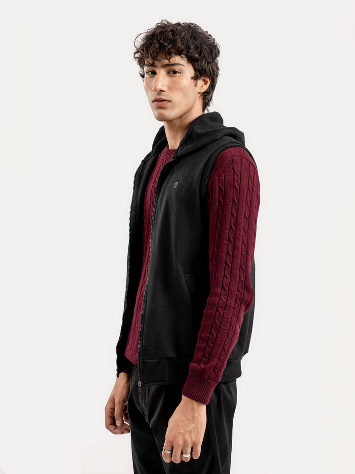 Brumano Mens RTW Solids Cotton Jacket Black Sleeveless Zipper Jacket With Hoodie Winter Collection