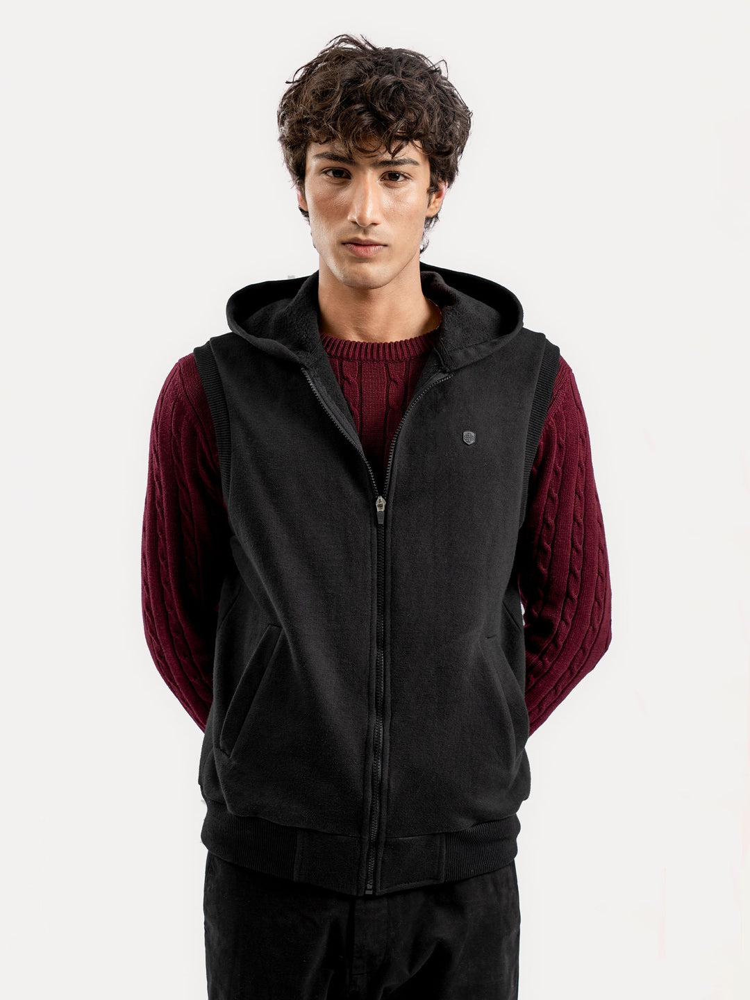 Brumano Mens RTW Solids Cotton Jacket Black Sleeveless Zipper Jacket With Hoodie Winter Collection