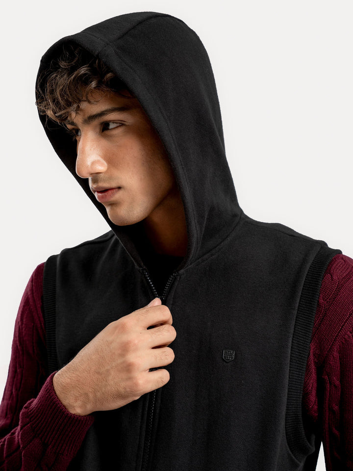 Brumano Mens RTW Solids Cotton Jacket Black Sleeveless Zipper Jacket With Hoodie Winter Collection