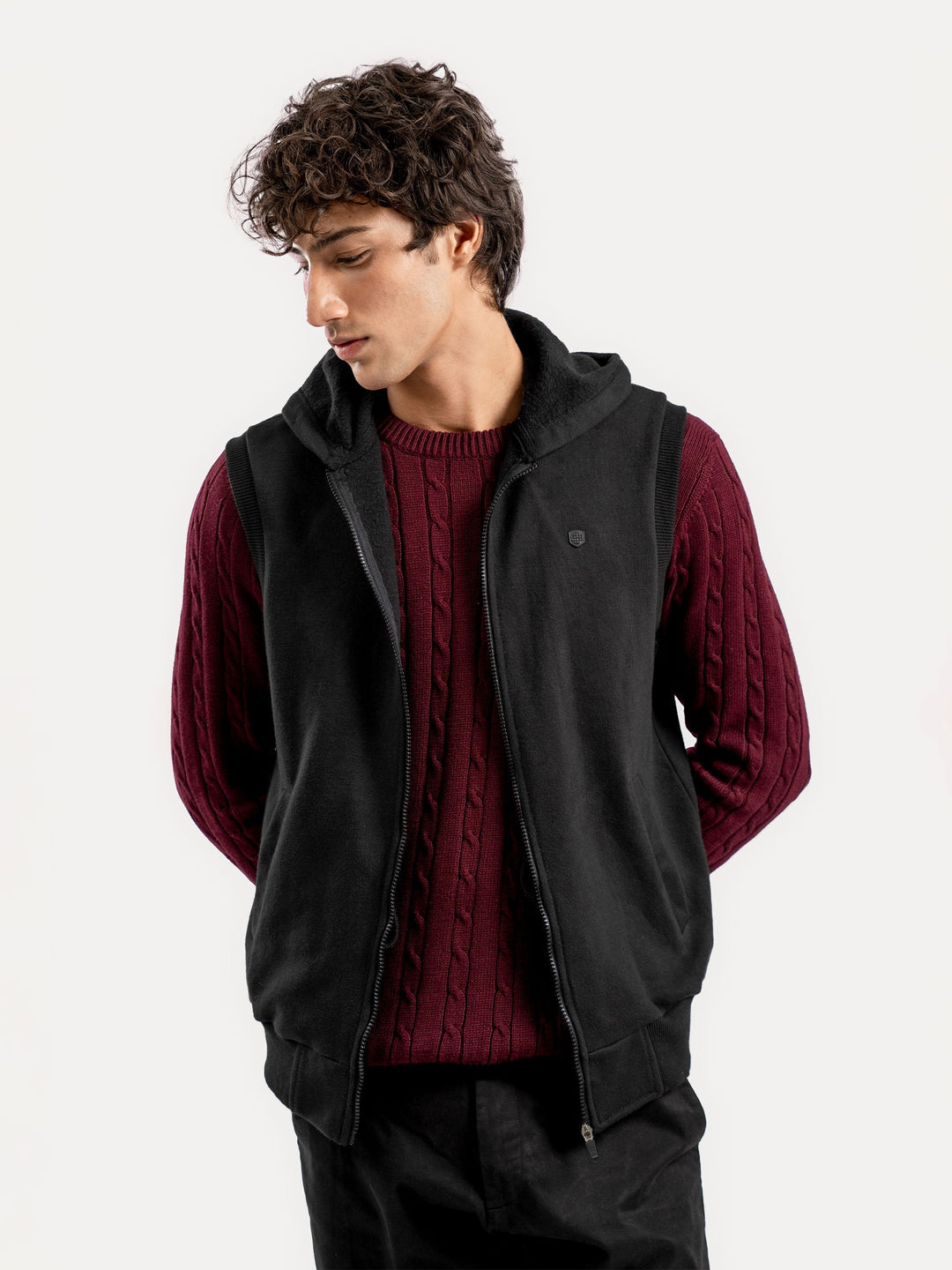 Brumano Mens RTW Solids Cotton Jacket Black Sleeveless Zipper Jacket With Hoodie Winter Collection