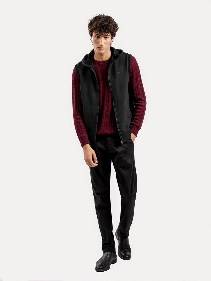 Brumano Mens RTW Solids Cotton Jacket Black Sleeveless Zipper Jacket With Hoodie Winter Collection