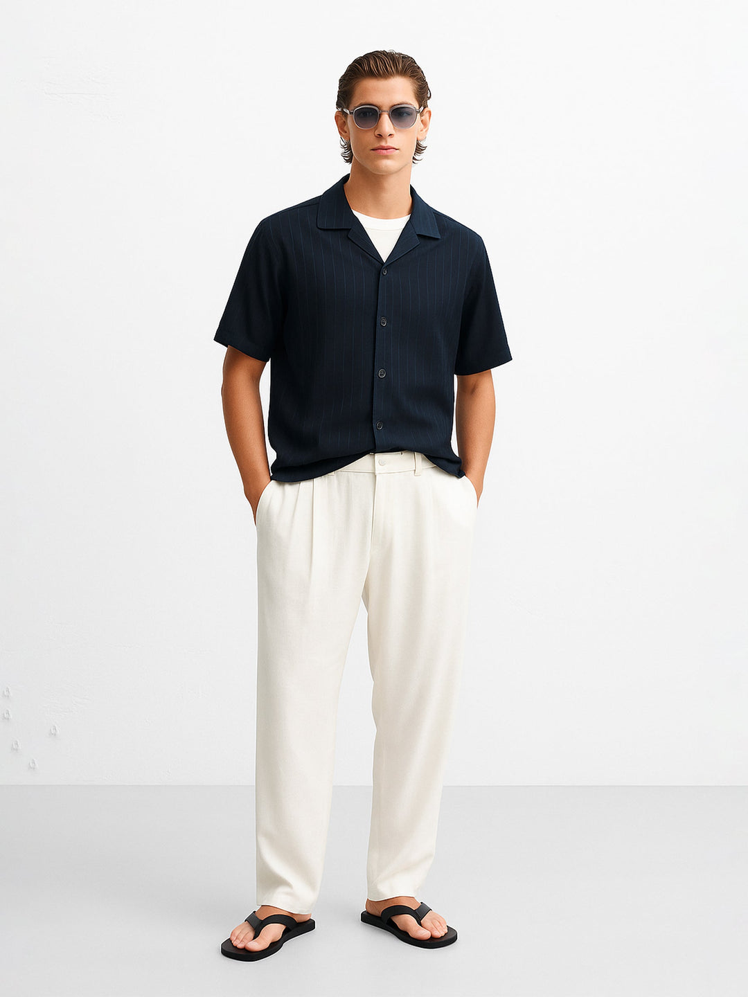 Brumano Ready To Wear Shirts Men 1 Piece Cotton Black Striped Light Weight Cuban Collar Shirt 0-33-025-4491 - Summer Collection