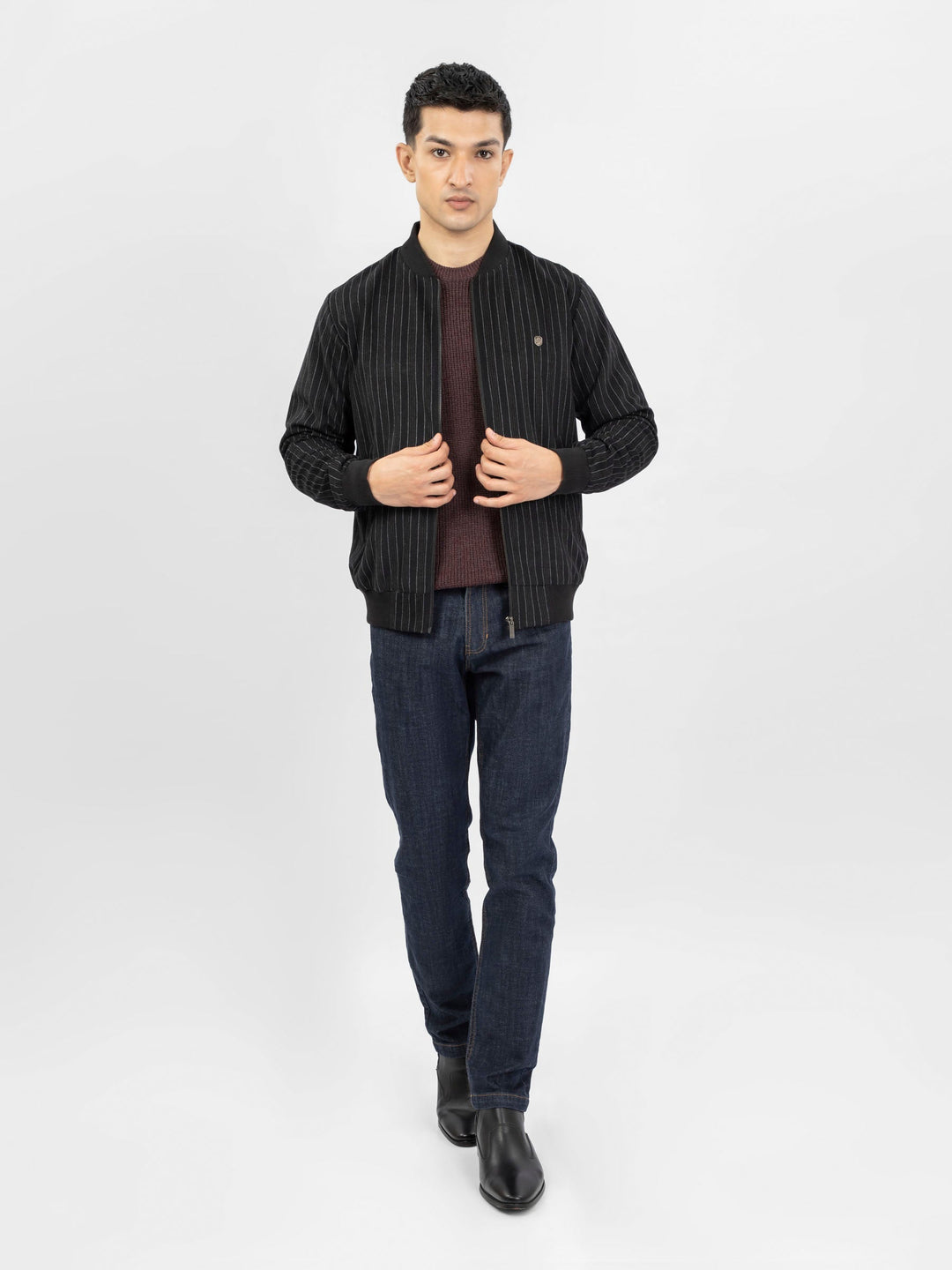 Brumano Pret Solids Polyester 1 Piece Black Striped Wool Bomber Jacket