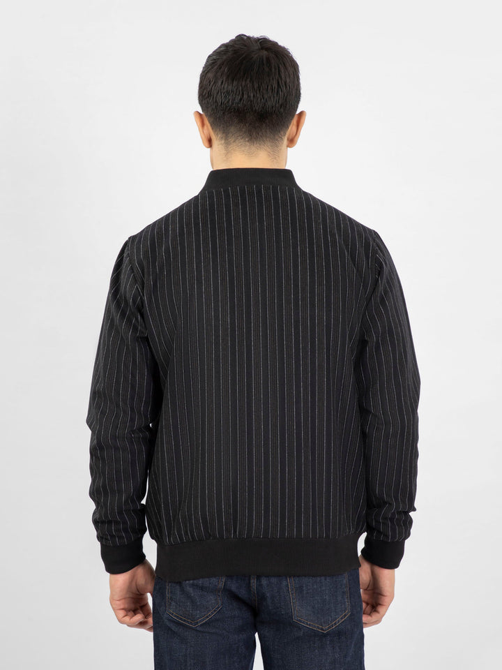 Brumano Pret Solids Polyester 1 Piece Black Striped Wool Bomber Jacket